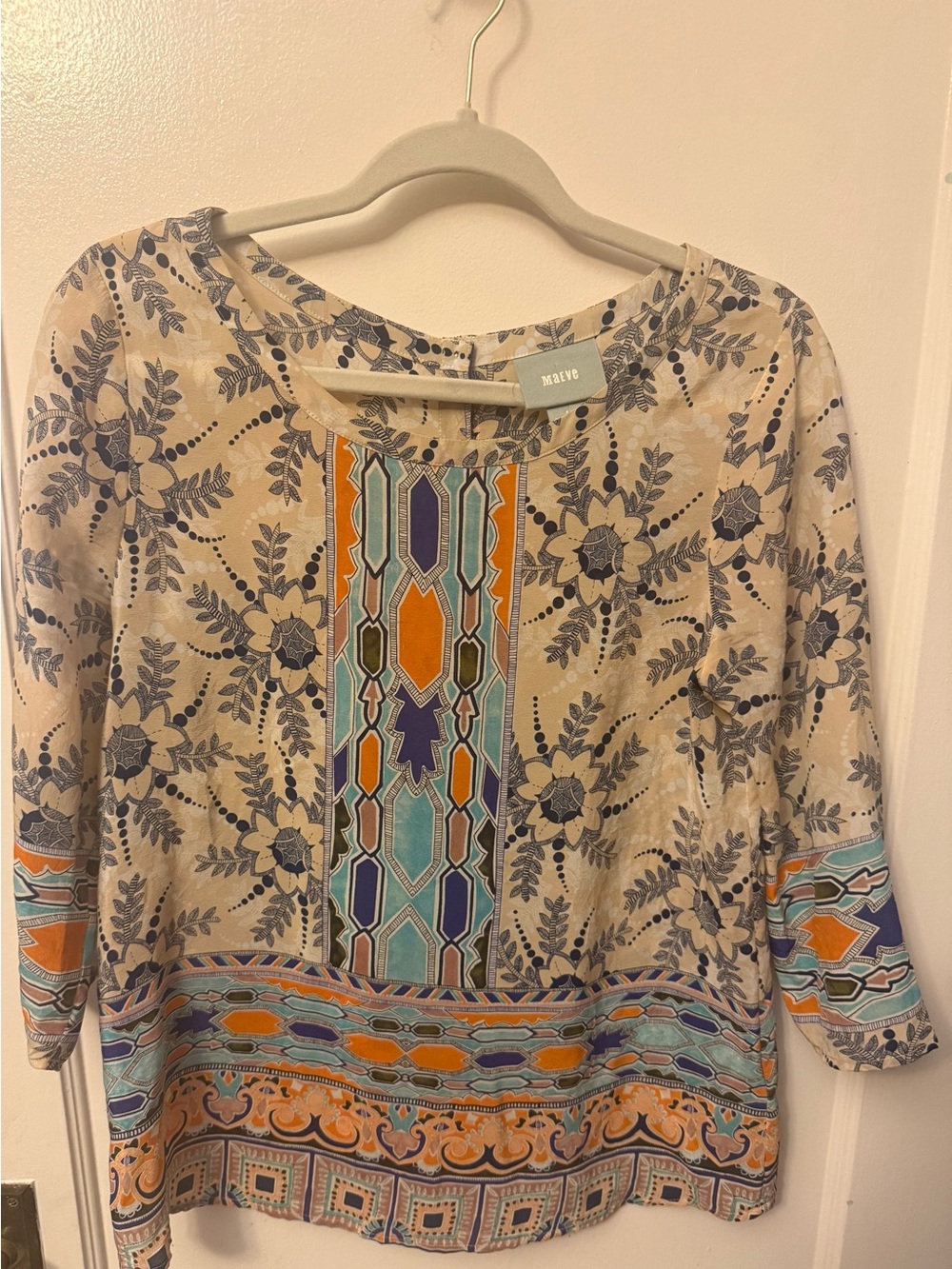 Maeve Cream Floral Border-Print Tunic with Teal, Orange & Navy Accents
